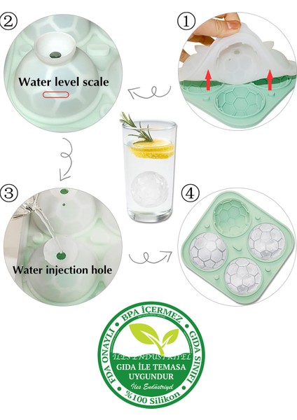 Iles Gurme Silikon Futbol Topu Büyük Boy 4 Bölmeli Buz Kalıbı, Kapaklı, Yeşil
