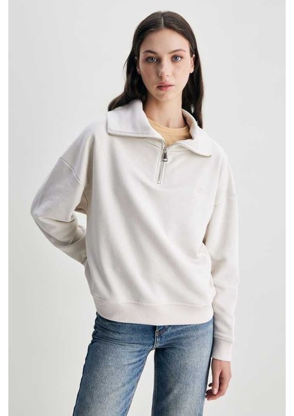 Inez Bej Fermuarlı Nakışlı Loose Fit Kadın Sweatshirt