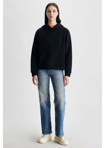 Deborah Siyah Kapüşonlu Nakışlı Standard Kadın Sweatshirt fırsatları