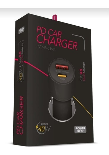 Powerway CC40 40W Hızlı Şarj - USB ve Pd Çıkışlı Araç Şarj Aleti Çakmaklık Qc 4.0