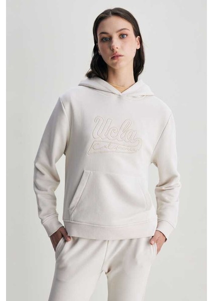 Deborah Bej Kapüşonlu Nakışlı Standard Kadın Sweatshirt