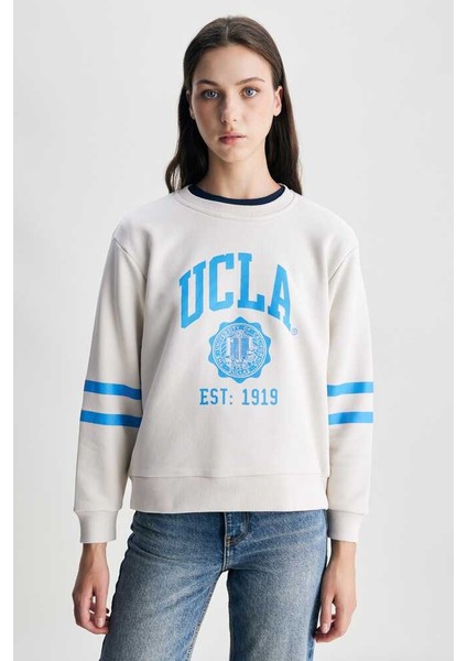 Roısın Bej Bisiklet Yaka Baskılı Loose Fit Kadın Sweatshirt