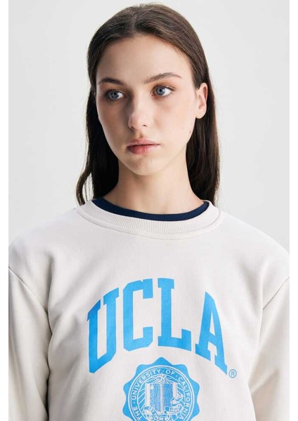 Roısın Bej Bisiklet Yaka Baskılı Loose Fit Kadın Sweatshirt fiyatları