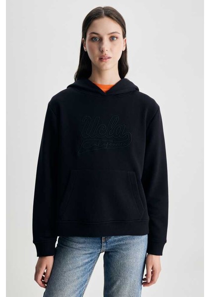 Deborah Siyah Kapüşonlu Nakışlı Standard Kadın Sweatshirt