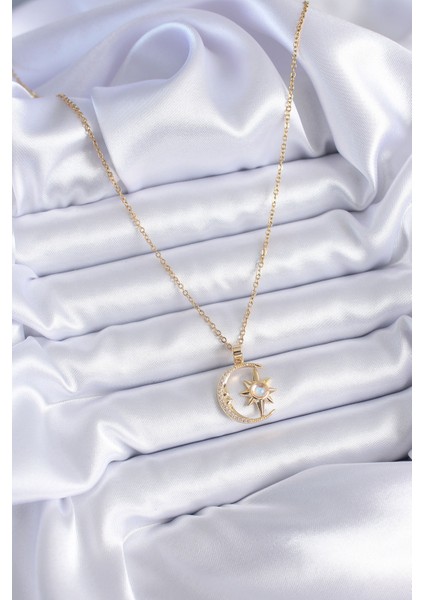 316L Çelik Gold Renk Zirkon Taşlı Ay Yıldız Model Kadın Kolye fiyatları