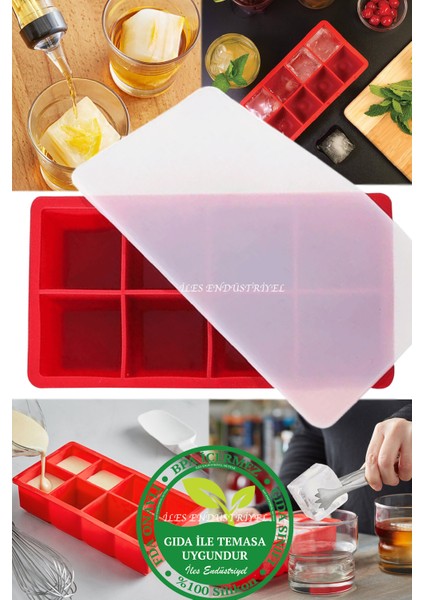 Silikon Kapaklı Xxl Büyük Boy 8'li Küp Buz Kalıbı Kırmızı