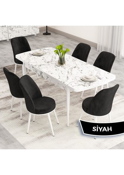 Nix Serisi Açılabilir 70X114 Beyaz Mermer Desen Mutfak Masası Takımı ve 6 Sandalye