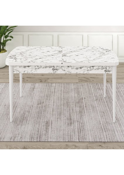 Nix Serisi Açılabilir 70X114 Beyaz Mermer Desen Mutfak Masası Takımı ve 6 Sandalye