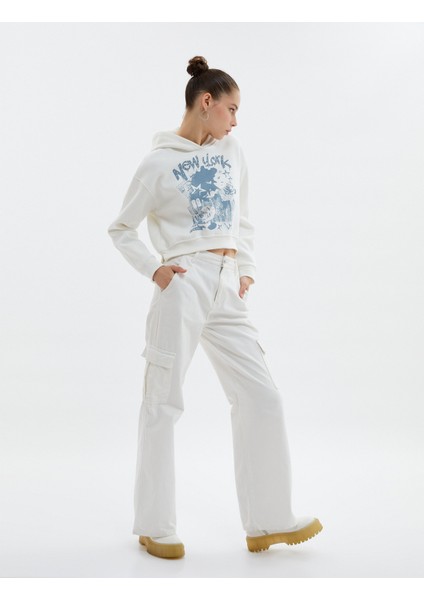 Crop Kapşonlu Sweatshirt Şardonlu Baskılı Pamuklu