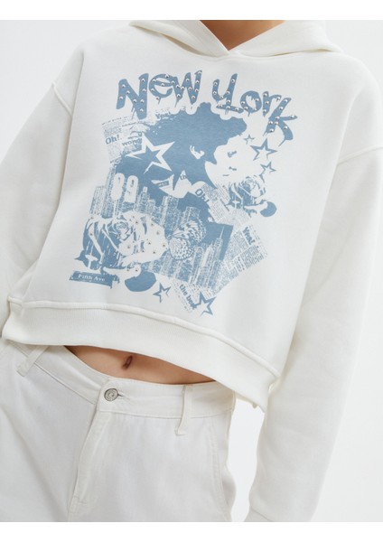 Crop Kapşonlu Sweatshirt Şardonlu Baskılı Pamuklu