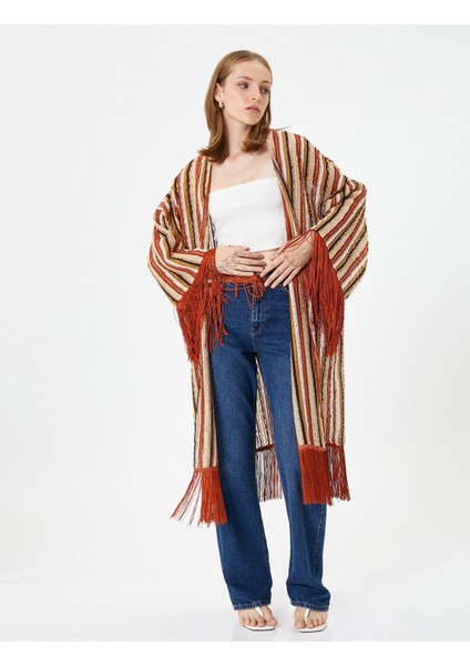 Oversize Kimono Püskül Detaylı Etnik Görünümlü