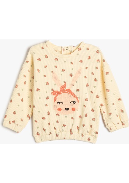 Sweatshirt Tavşan Baskılı Bisiklet Yaka Uzun Kollu Dokulu Pamuklu