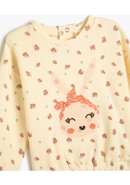 Sweatshirt Tavşan Baskılı Bisiklet Yaka Uzun Kollu Dokulu Pamuklu
