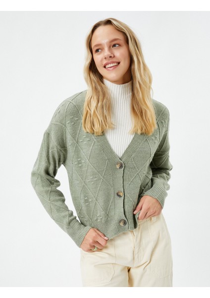 Triko Hırka Düğmeli Dokulu V Yaka Uzun Kollu