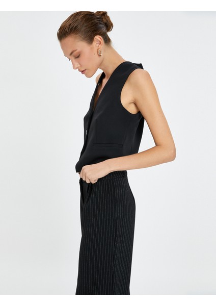 Crop Yelek Düğmeli Cep Detaylı Astarlı