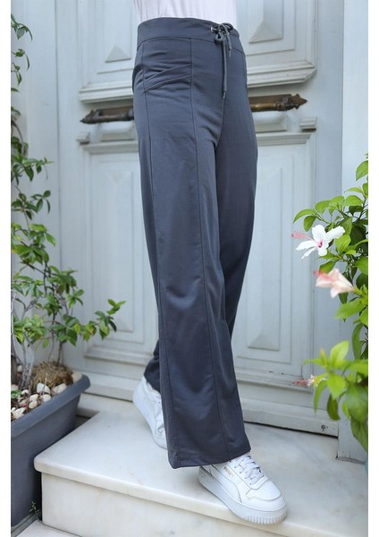 Kadın Çimalı Bol Paça Pantolon Eşofman BRC6502 Füme