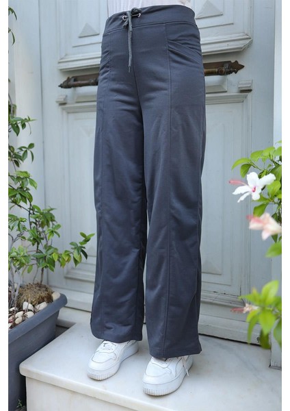 Kadın Çimalı Bol Paça Pantolon Eşofman BRC6502 Füme