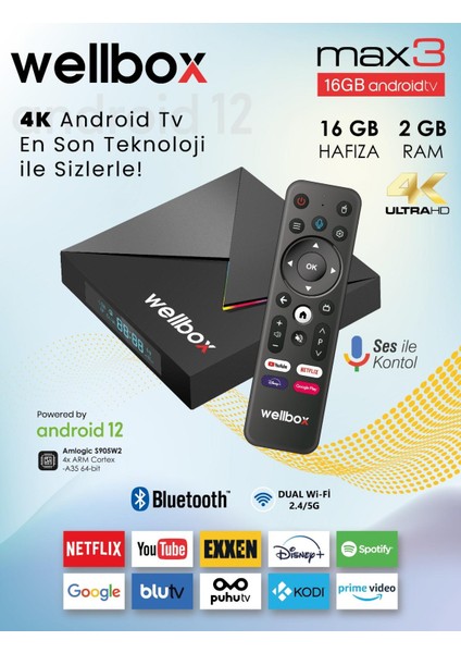 Max4 Android TV Box Android 12 Sesli Komut 4gb Ram 32GB Hafıza