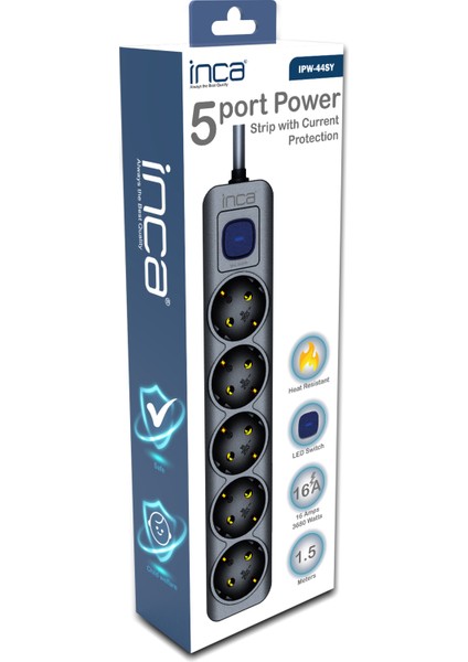 IPW-44SY 5 Port Akım Korumalı LED Tuşlu Priz 1.5m - Siyah
