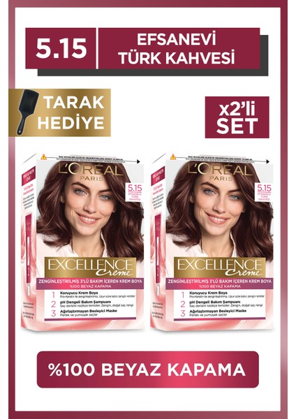 L'Oréal Paris 2'li Excellence Creme Saç Boyası - 5.15  Efsanevi Türk Kahvesi Excellence Tarak Armağan