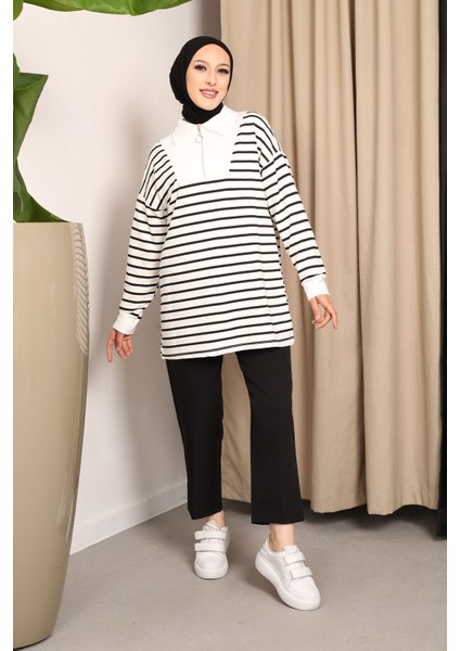 Siyah Yaka Fermuarlı Çizgili İki İplik Sweatshirt fiyatları