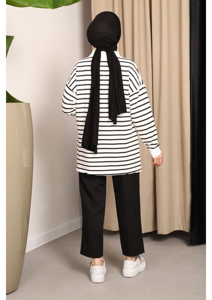 Siyah Yaka Fermuarlı Çizgili İki İplik Sweatshirt modelleri