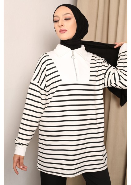 Siyah Yaka Fermuarlı Çizgili İki İplik Sweatshirt fırsatları