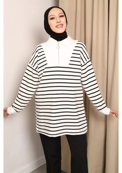 Siyah Yaka Fermuarlı Çizgili İki İplik Sweatshirt indirimleri