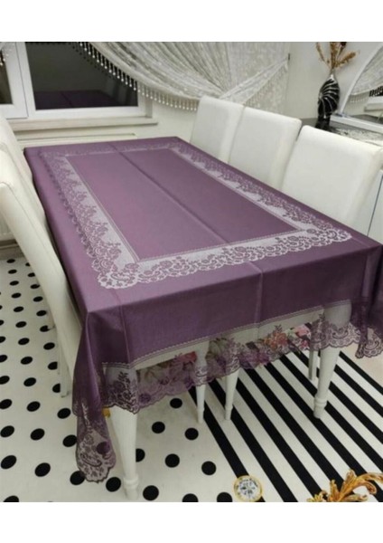 Dertsiz Tül Masa Örtüsü Şık Tasarım Dantelli Mürdüm 160X220