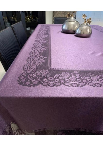 Dertsiz Tül Masa Örtüsü Şık Tasarım Dantelli Mürdüm 160X220