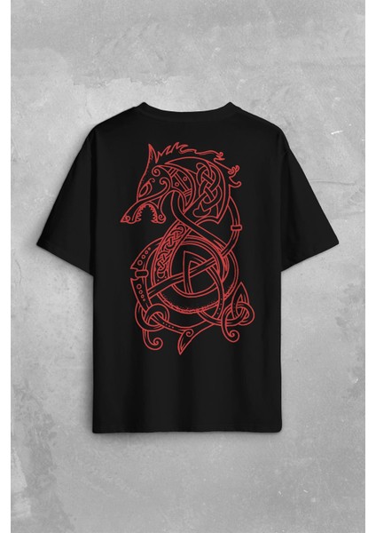 Viking Fenrir Wolf Vikings Kurt Kafa Street Urban Sırt Ön Baskılı Oversize Tişört T-Shirt