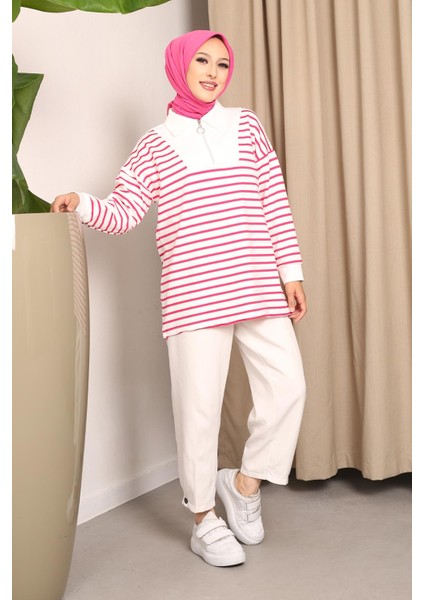 Fuşya Yaka Fermuarlı Çizgili İki İplik Sweatshirt fiyatları