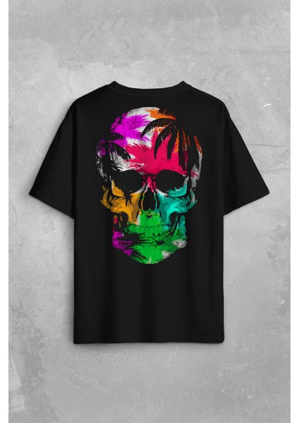 Rengarenk Kafatası Skull Head Gökkuşağı Renkleri Sırt Ön Baskılı Oversize Tişört T-Shirt