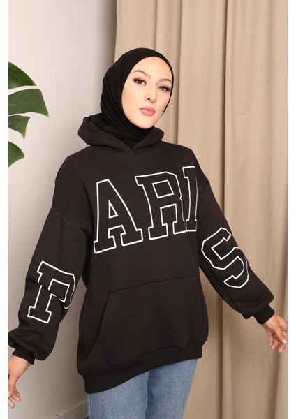 İmaj Butik Siyah Paris Baskılı Üç Iplik Sweatshirt