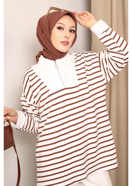 Kahverengi Yaka Fermuarlı Çizgili İki İplik Sweatshirt