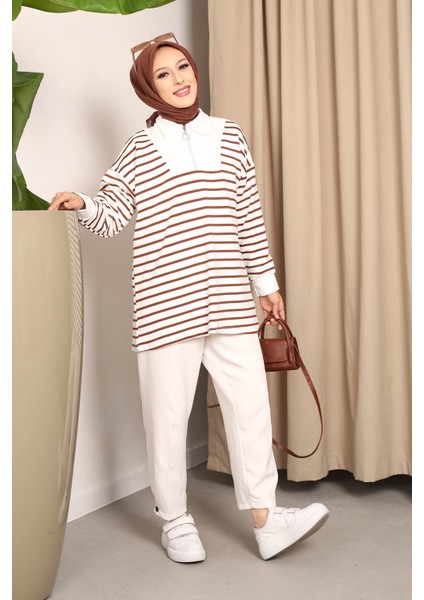 Kahverengi Yaka Fermuarlı Çizgili İki İplik Sweatshirt