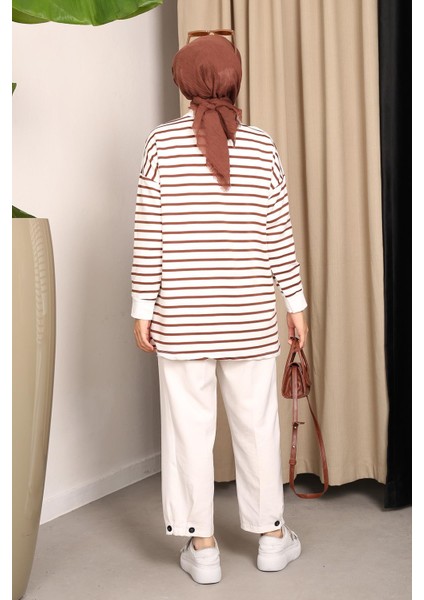 Kahverengi Yaka Fermuarlı Çizgili İki İplik Sweatshirt