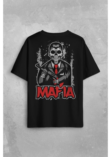 Skull Ganster Mafia Temalı Silahlı Adam Sırt Ön Baskılı Oversize Tişört T-Shirt