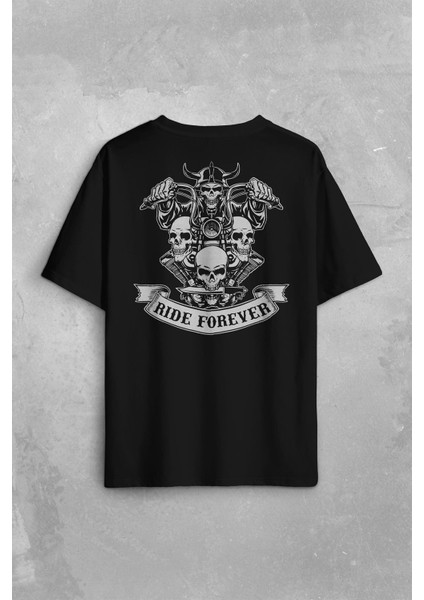 Motorcycle Skull Ride Forever Motosiklet Sırt Ön Baskılı Oversize Tişört T-Shirt
