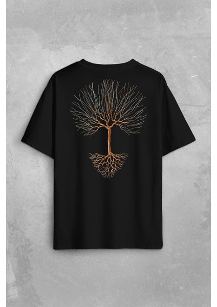 Nature Hayat Ağacı Kuru Ağaç Kökü Sırt Ön Baskılı Oversize Tişört T-Shirt
