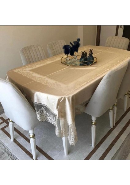 Çini Desenli Dertsiz Leke Tutmaz Dantelli Masa Örtüsü Sütlü Kahve 160X220 cm fiyatları