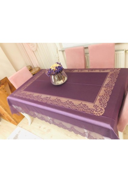 Çini Desenli Dertsiz Leke Tutmaz Dantelli Masa Örtüsü Mor 160X220 cm