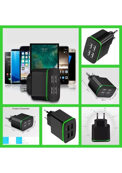 A7 Şarj Adaptörü 4 Port + J2 Micro USB 5A/100W Şarj Kablosu -2mt modelleri