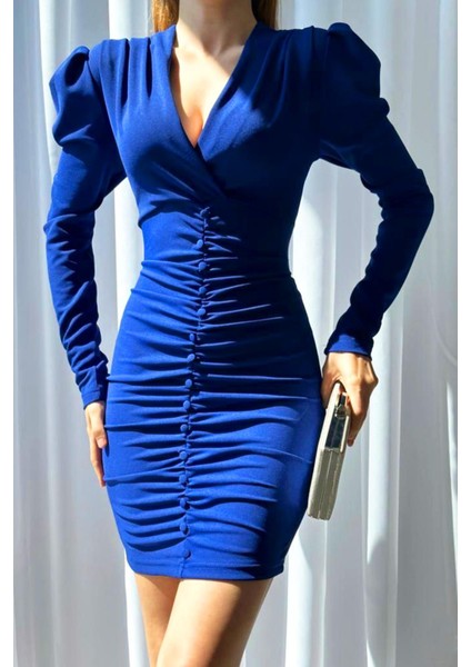 Omuz Pileli Düğmeli Elbise