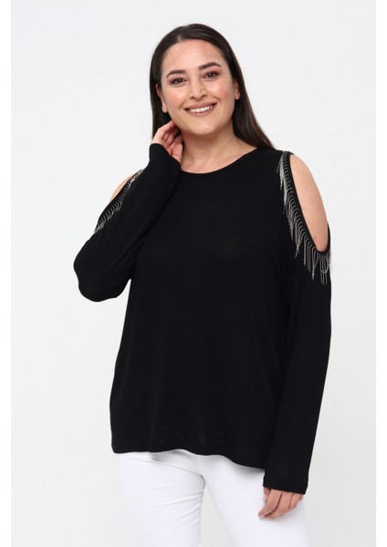 Kadın Büyük Beden Omuz Dekolte ve Püskül Detaylı Siyah Bluz modelleri