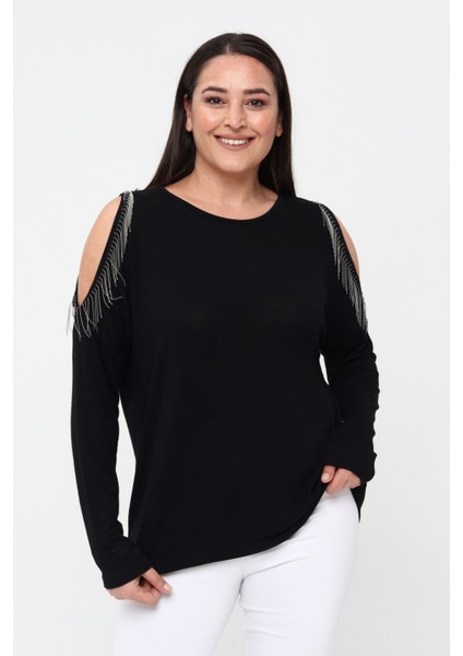 Kadın Büyük Beden Omuz Dekolte ve Püskül Detaylı Siyah Bluz fırsatları