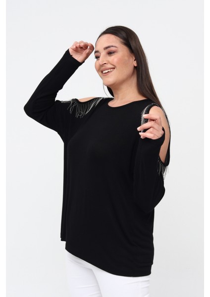 Kadın Büyük Beden Omuz Dekolte ve Püskül Detaylı Siyah Bluz indirimleri