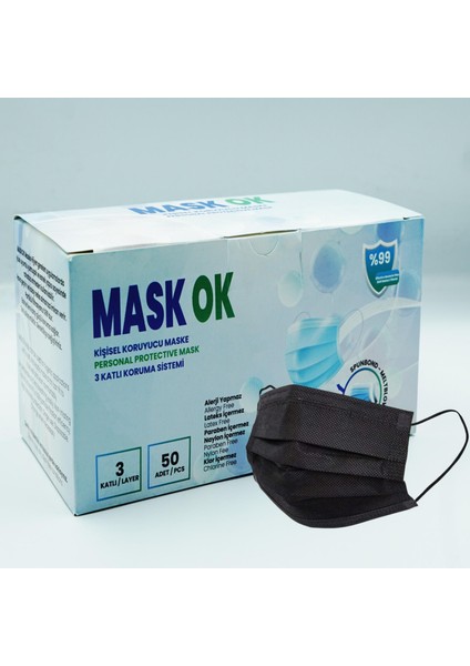 Mask Ok Maskok 3 Katlı Telli Siyah Koruyucu Maske 50 Adet