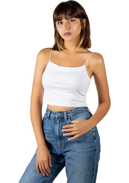 Kadın Beyaz İp Askılı Crop Top Büstiyer Bluz Atlet 23K-TRP-CRP01