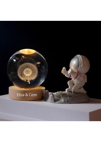 Kişiye Özel Işıklı Ahşap Kaideli Karahindiba Temalı Cam Küre 8*6cm